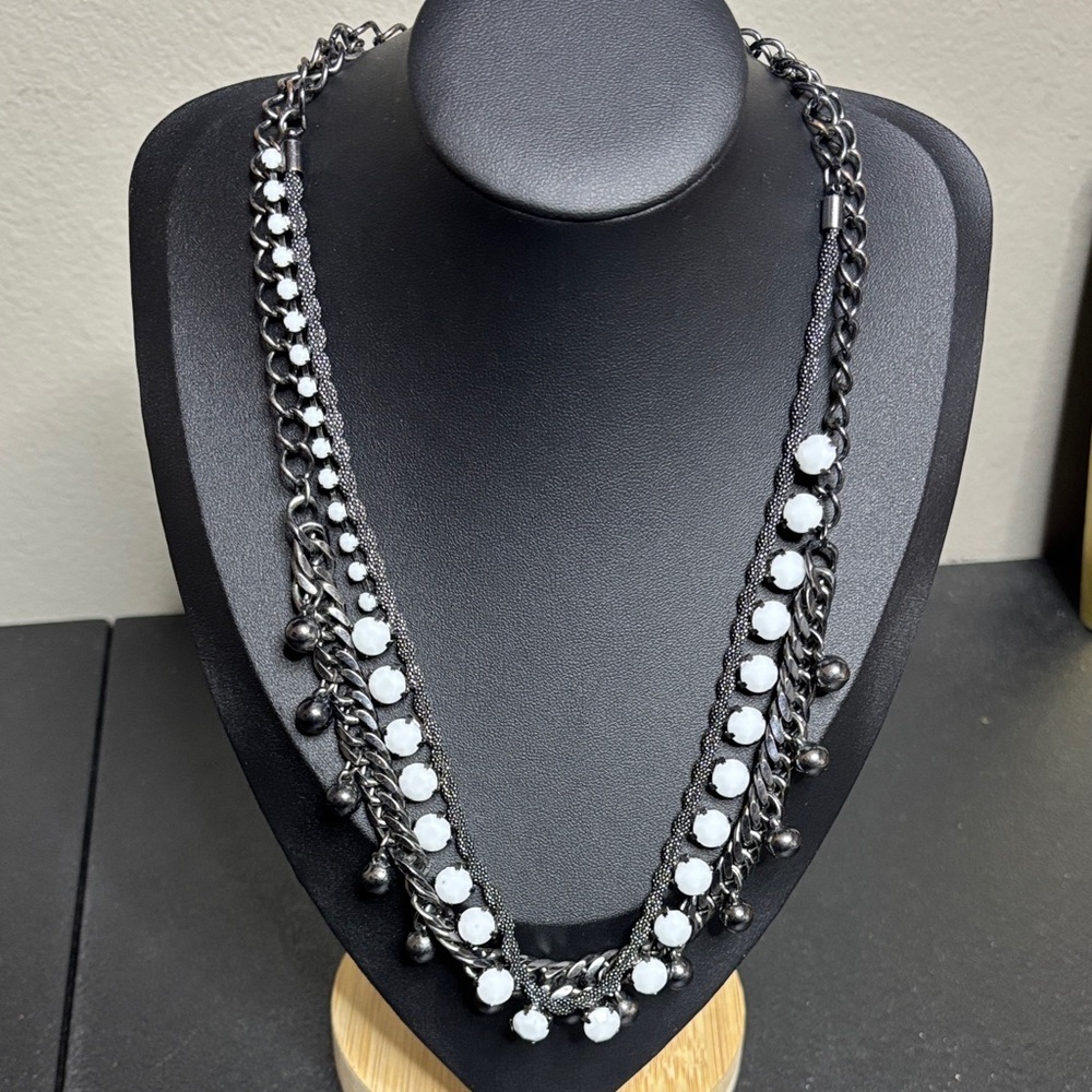 Express Milk Glass Rhinestones Gunmetal Tone Multi Chain Layered Necklace